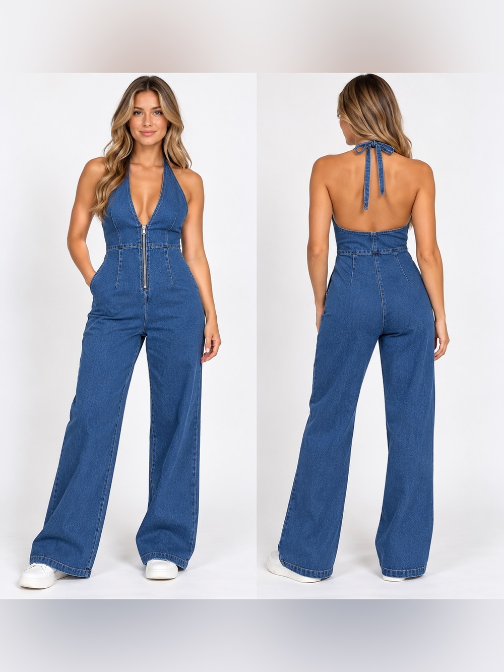 👖✨ Denim Blvd Los Angeles Denim Halter Wide Leg Jumpsuit Size Large | MSRP $80 ✨